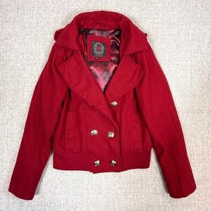 Dollhouse Red Wool Blend‎ Hooded Pea Coat Jacket Double Breasted Sz L